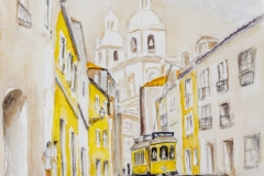 Lisbon tram on Escolas Gerais with São Vicente de Fora in the background. Watercolour on Arches 300 g  31cm x 41  (12 inches by 16 inches) by Lorna Markillie