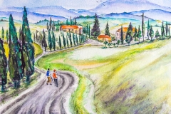 Watercolour painting on 300 poundArches paper, 12  x 16 inches  by Lorna markillie Hiking on the Via Francigena in Tuscany Italy.