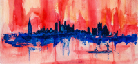 Abstract Cambridge skyline with punt and colleges in silhouette. Original canvas on Arches watercolour paper 27 x 55 cm approx.  Artist Lorna Markillie 2020