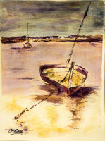Boat moored at low tide at Burnham Overy Straithe North Norfolk England mixed media 40 cm x 30 cm by Lorna Markillie