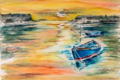 Boats at sunset on Obidos Lagoon, Portugal