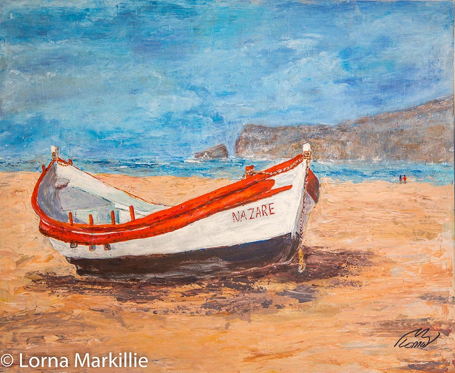 Traditional fishing boat on Nazare Beach Portugal 50 cm x 50 cm acrylic painting by Lorna Markillie