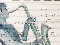 Saxophone player on music background Watercolour 27.6 x 21.1 cm
