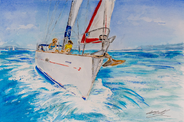 Sun and sail - watercolour with crew on foredeck of yacht