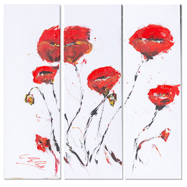 Abstract Red poppies on triptych canvas acrylic